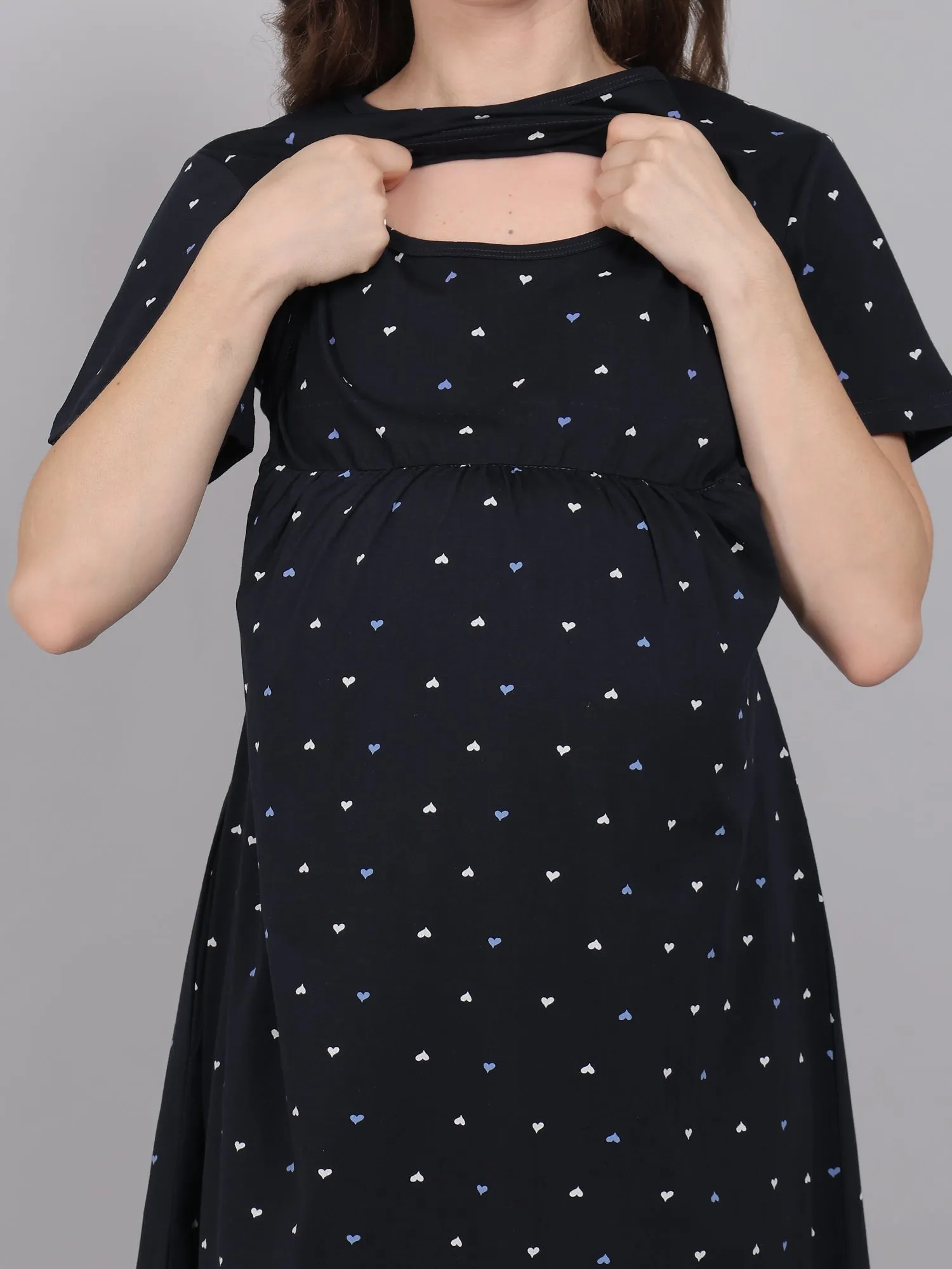 Black Heart Knitted Cotton Maternity Loungewear Dress