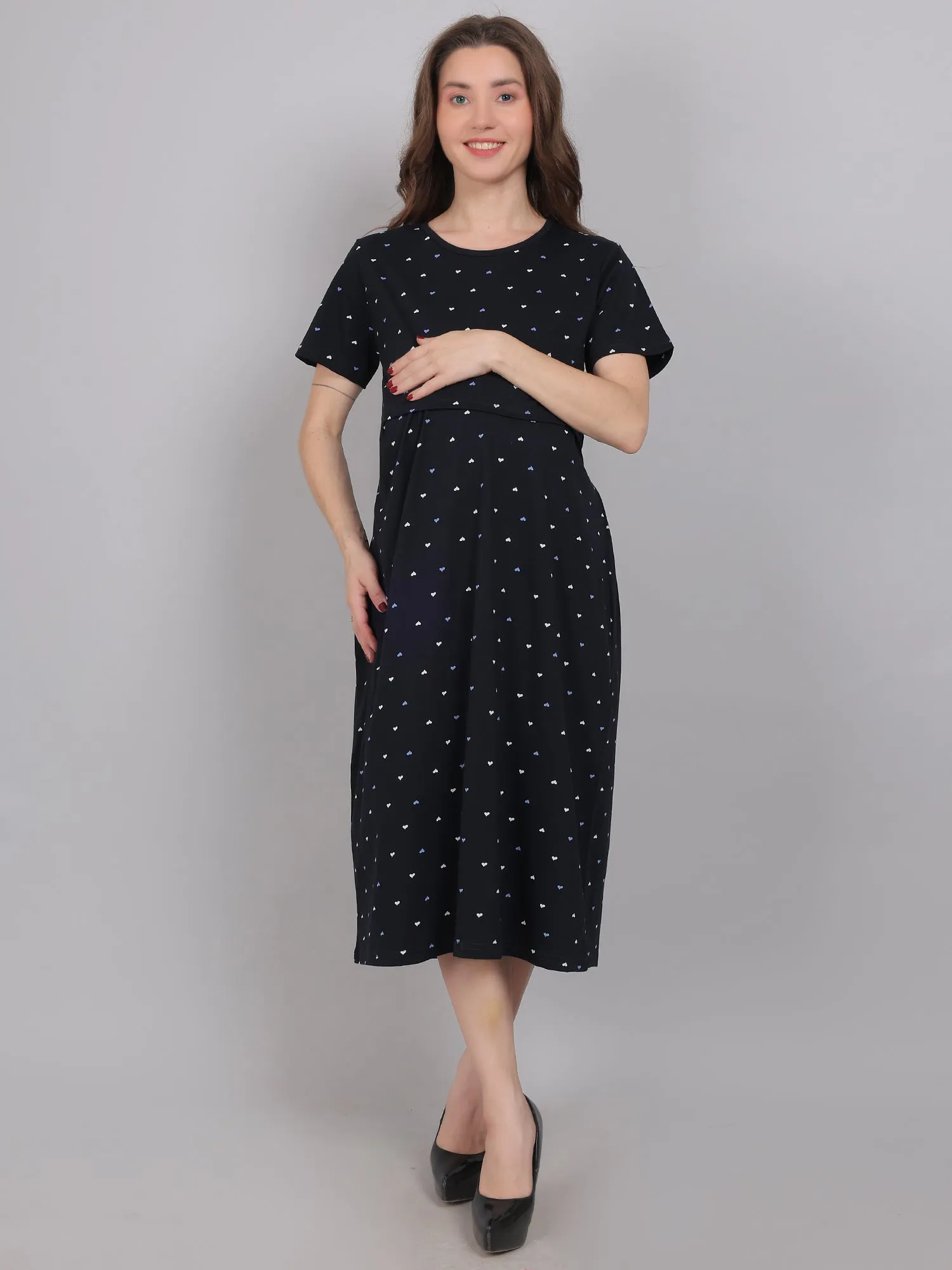 Black Heart Knitted Cotton Maternity Loungewear Dress