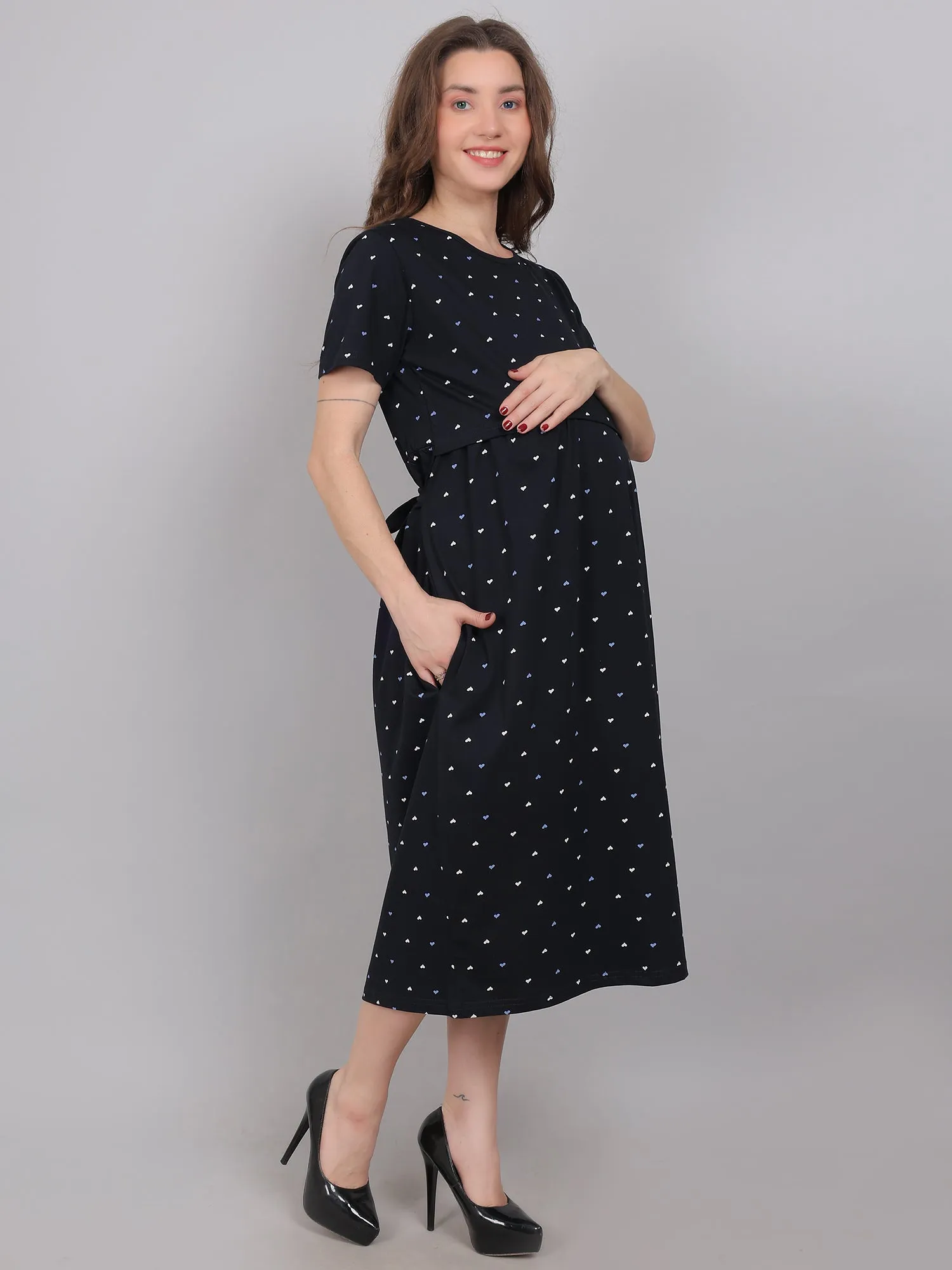 Black Heart Knitted Cotton Maternity Loungewear Dress