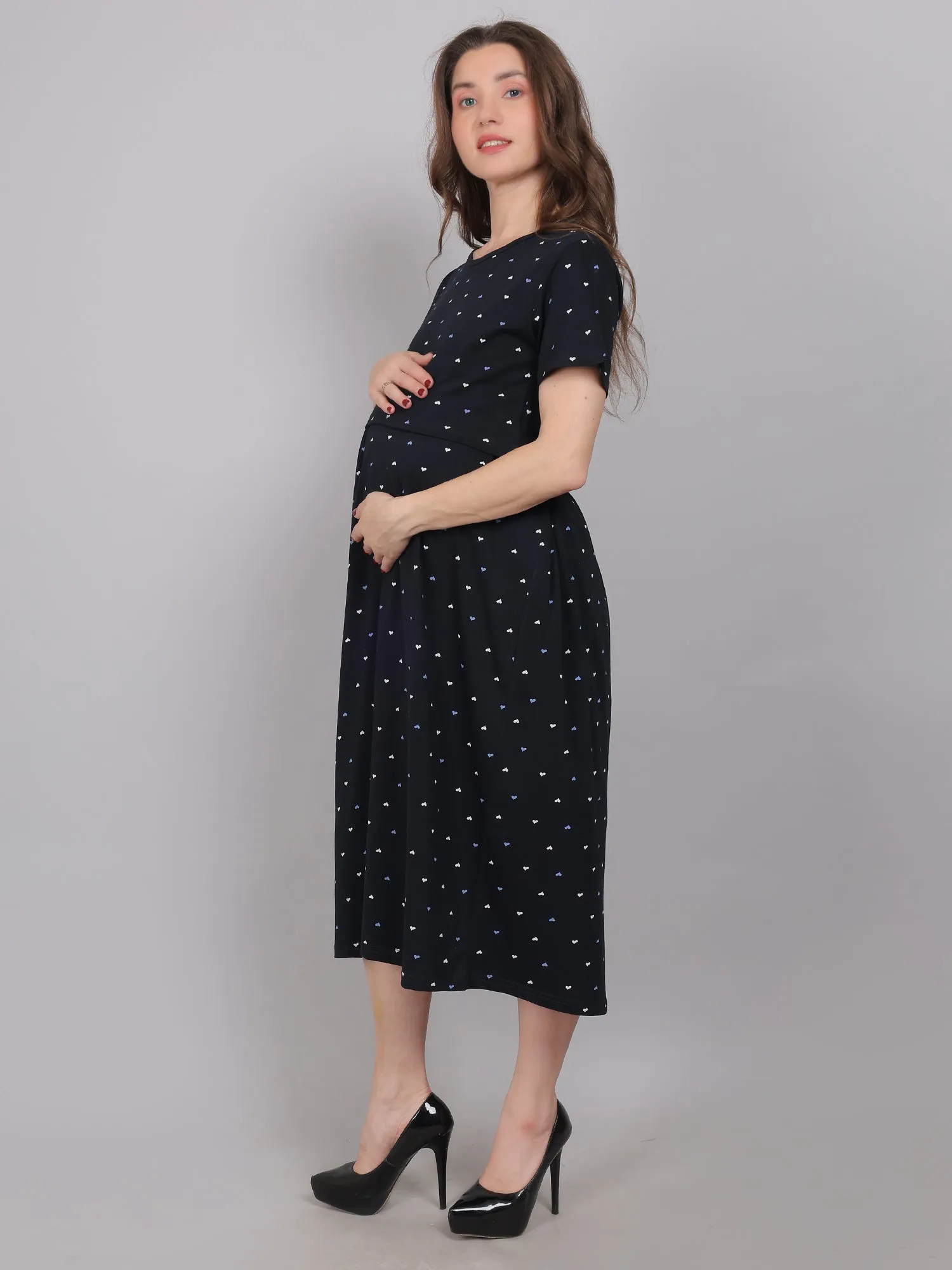 Black Heart Knitted Cotton Maternity Loungewear Dress