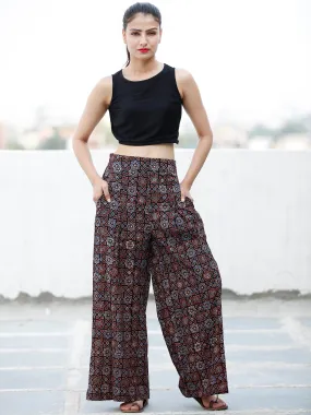 Black Indigo Maroon Ajrakh Hand Block Printed Semi Elasticated Waist Pleated Cotton Palazzo - P11F1686
