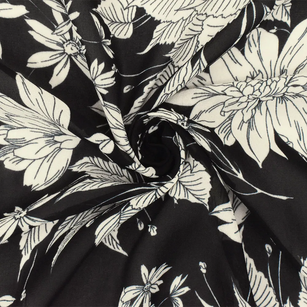 Black-Ivory Famous Designer Floral Printed Rayon Chiffon Woven Fabric