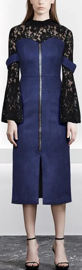 Black Lace & Blue Faux Suede Beaded Dress
