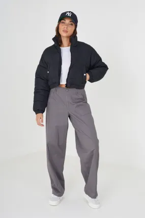 BLACK LARGE COLLAR CROPPED PUFFER JACKET