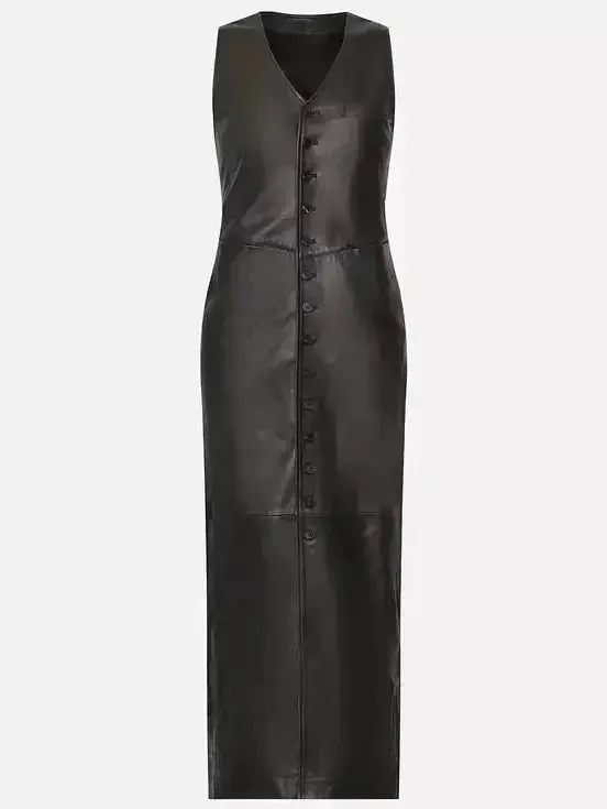 Black Leather Button-Front Midi Vest Dress
