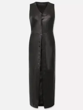Black Leather Button-Front Midi Vest Dress