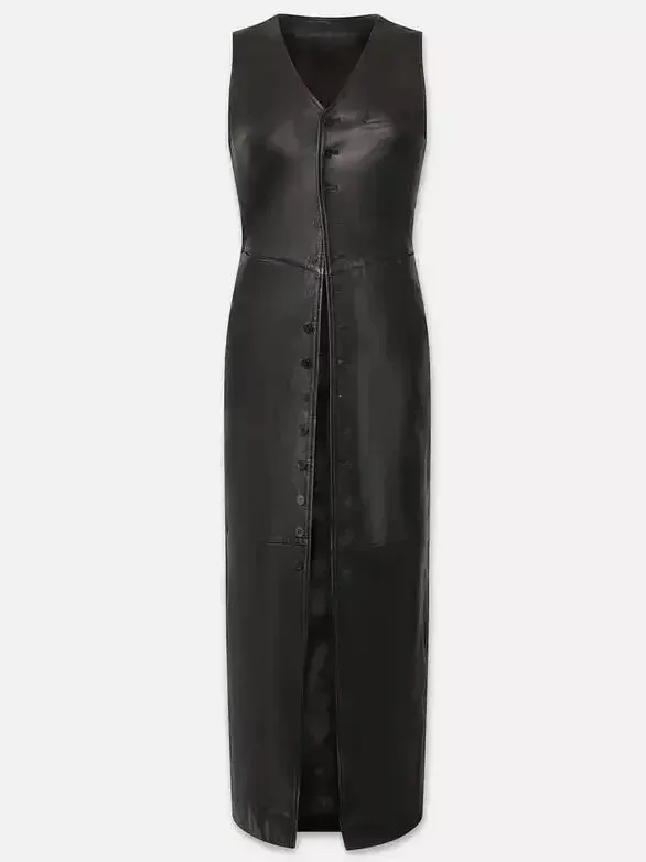 Black Leather Button-Front Midi Vest Dress