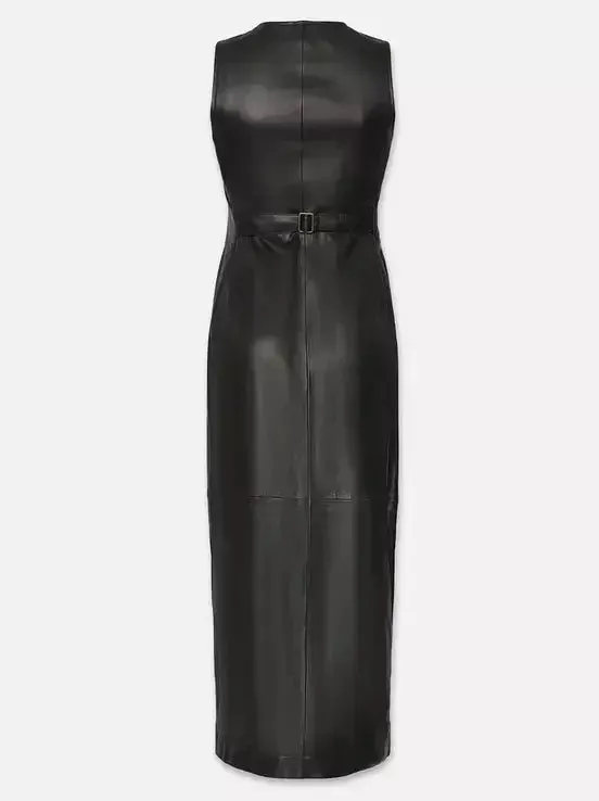 Black Leather Button-Front Midi Vest Dress