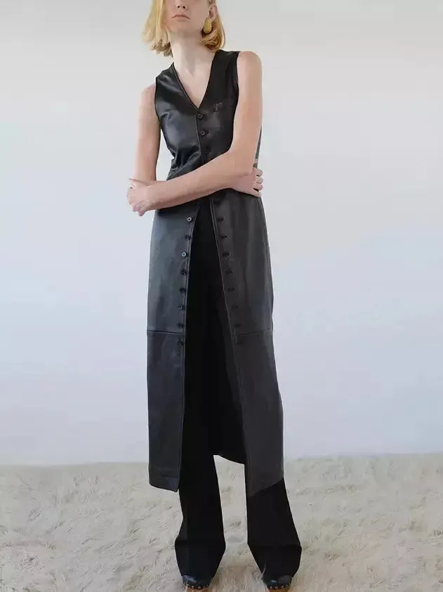 Black Leather Button-Front Midi Vest Dress
