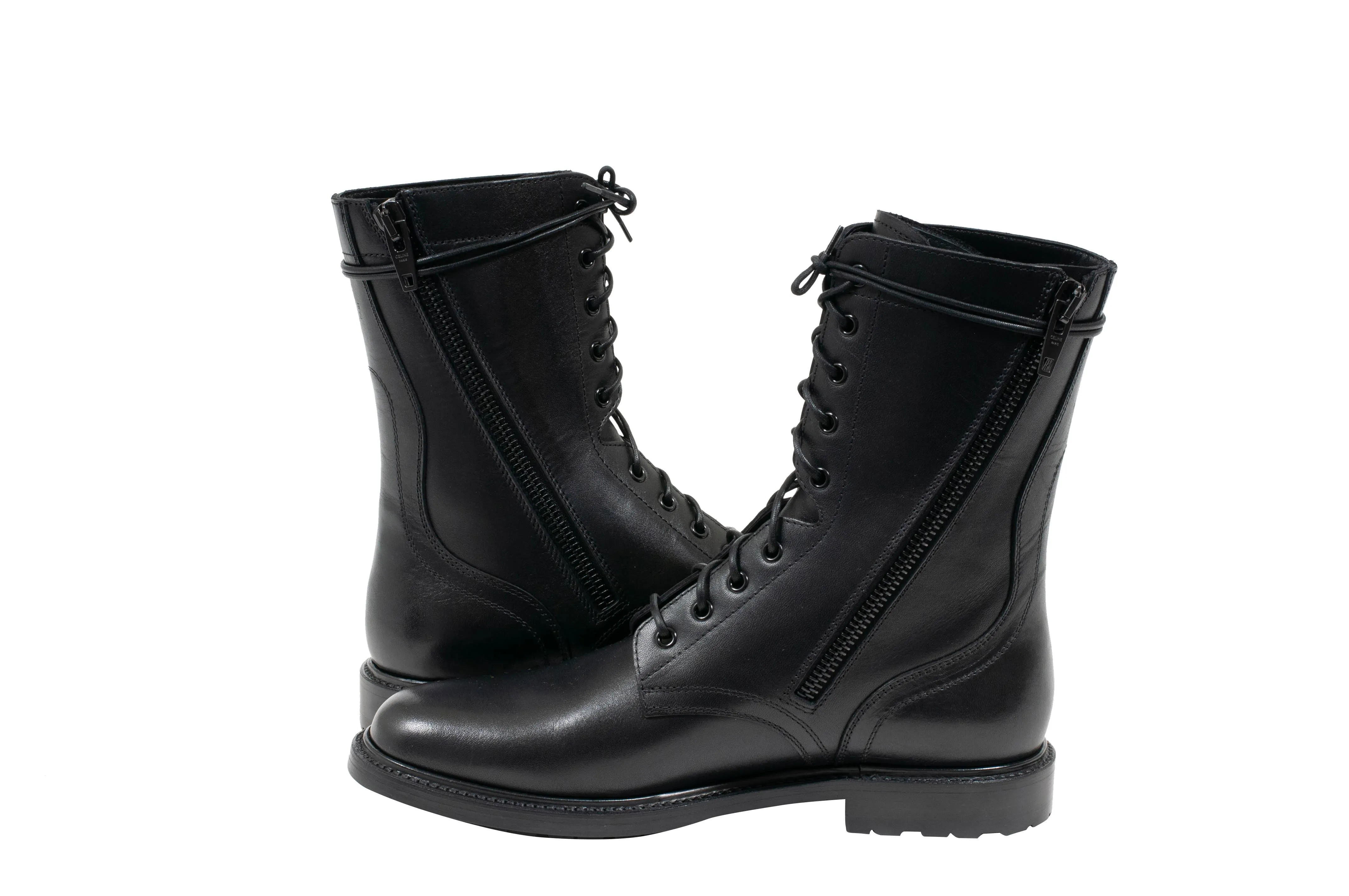 Black Leather Side Zip Combat Boots