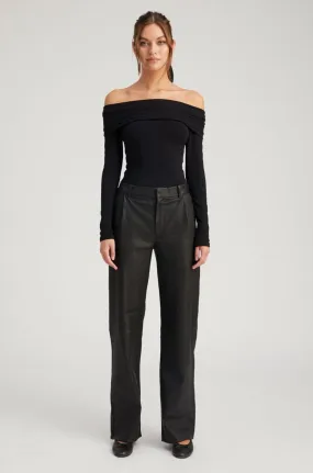 Black Leather Straight Leg Pleated Trousers