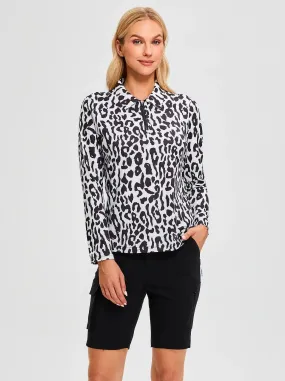 Black Leopard Quarterzip  Long-sleeve Polo Top for Ladies
