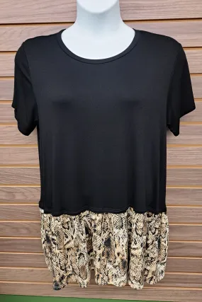 Black leopard ruffled bottom long t-shirt