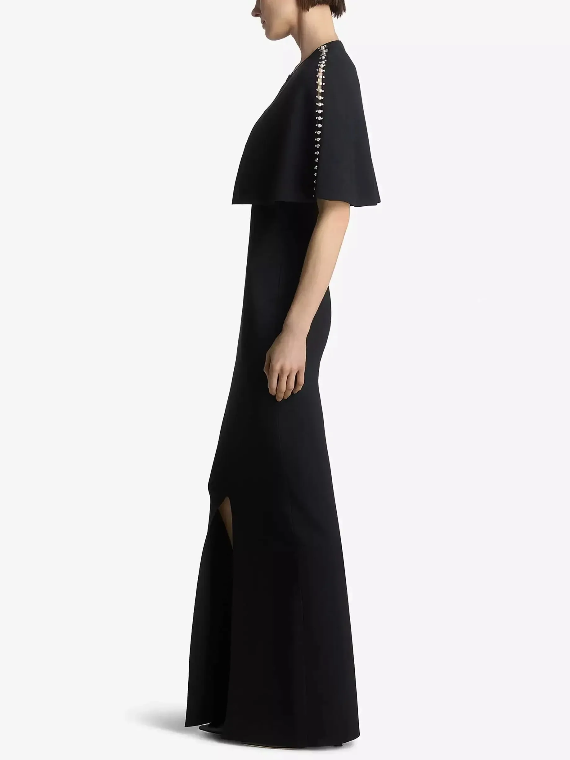 Black Long Embellished V-Neck Dress with Matching Cape