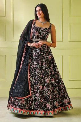Black multi embroidery Gown with Scarf