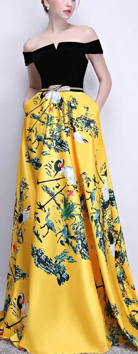 Black Off-the-Shoulder Print Yellow Maxi Dress
