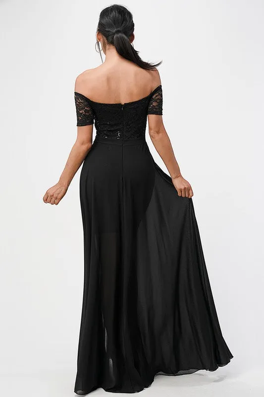 Black Off The Shoulder Sequin Lace And Chiffon Dress