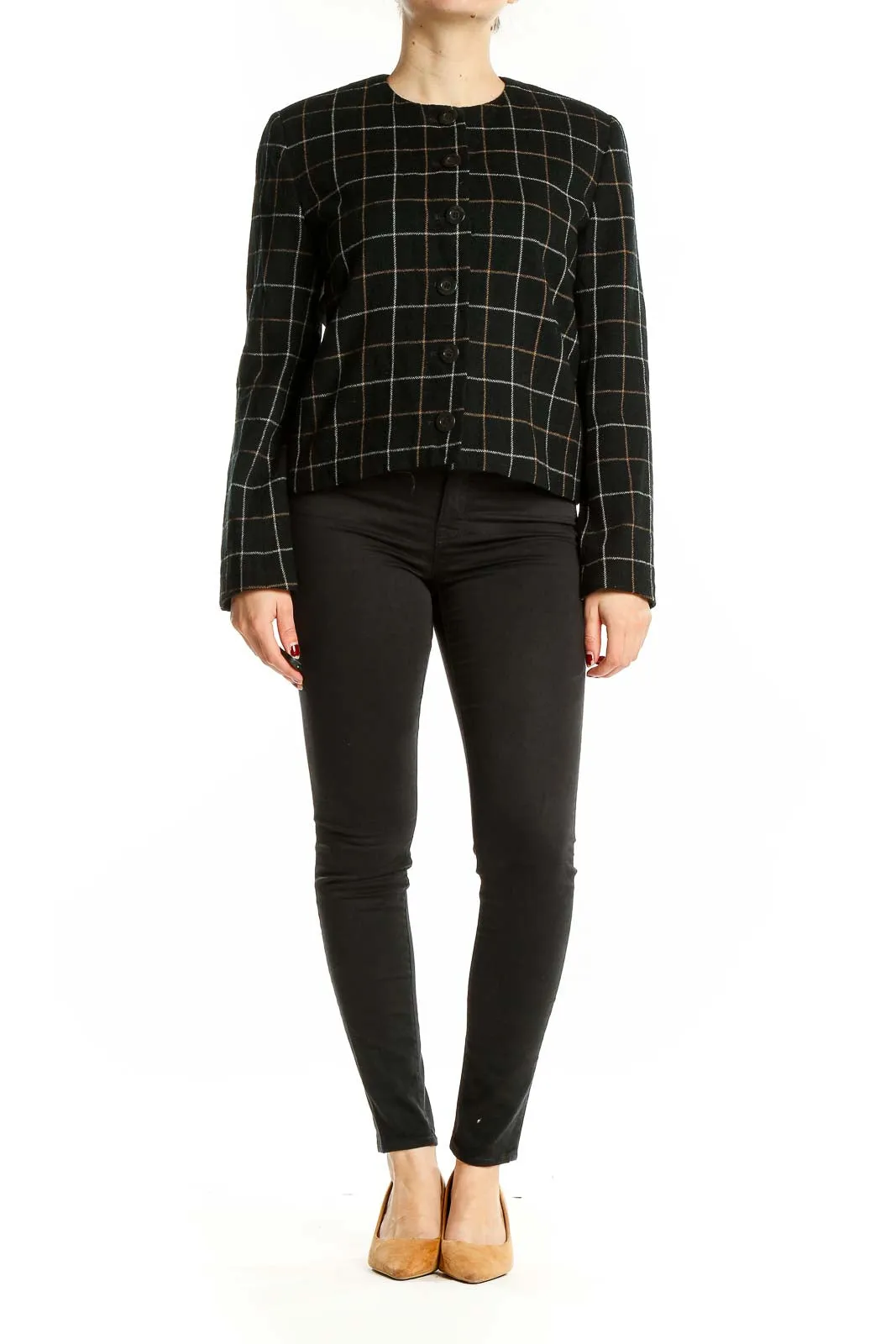 Black Plaid Wool Blend Cropped Jacket