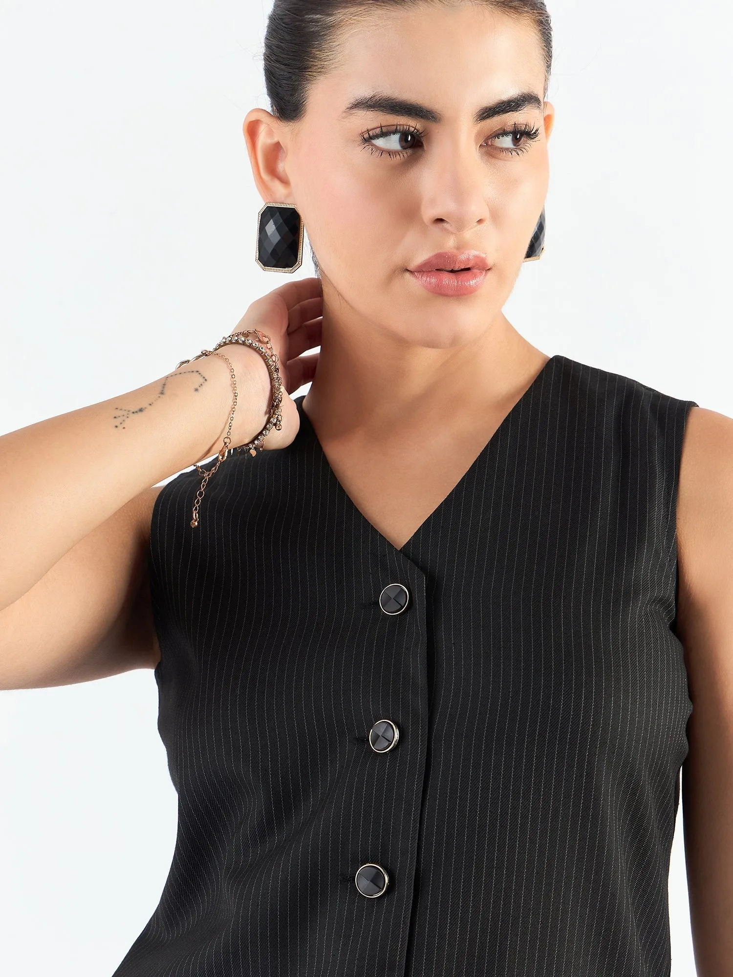 Black Polyester V-Neck Striped Sleeveless Vest Coat