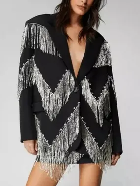 Black Premium Studded Fringe-Embellished Blazer