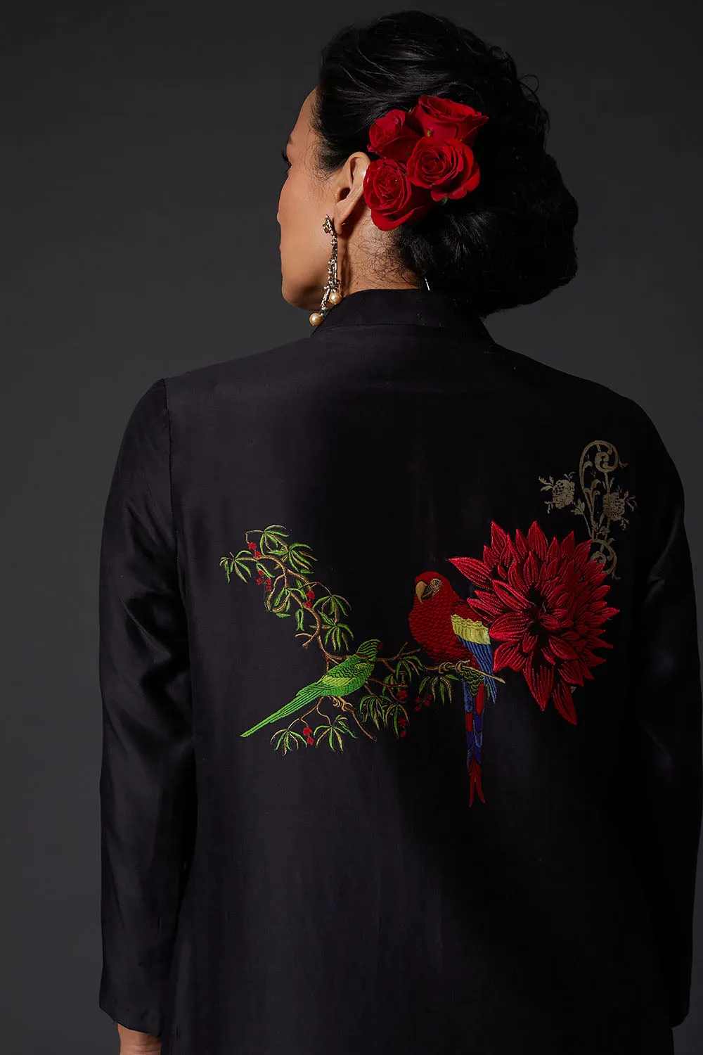 Black Printed & Embroidered Chanderi Silk Kurta Set