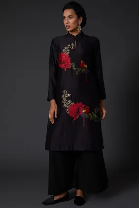Black Printed & Embroidered Chanderi Silk Kurta Set