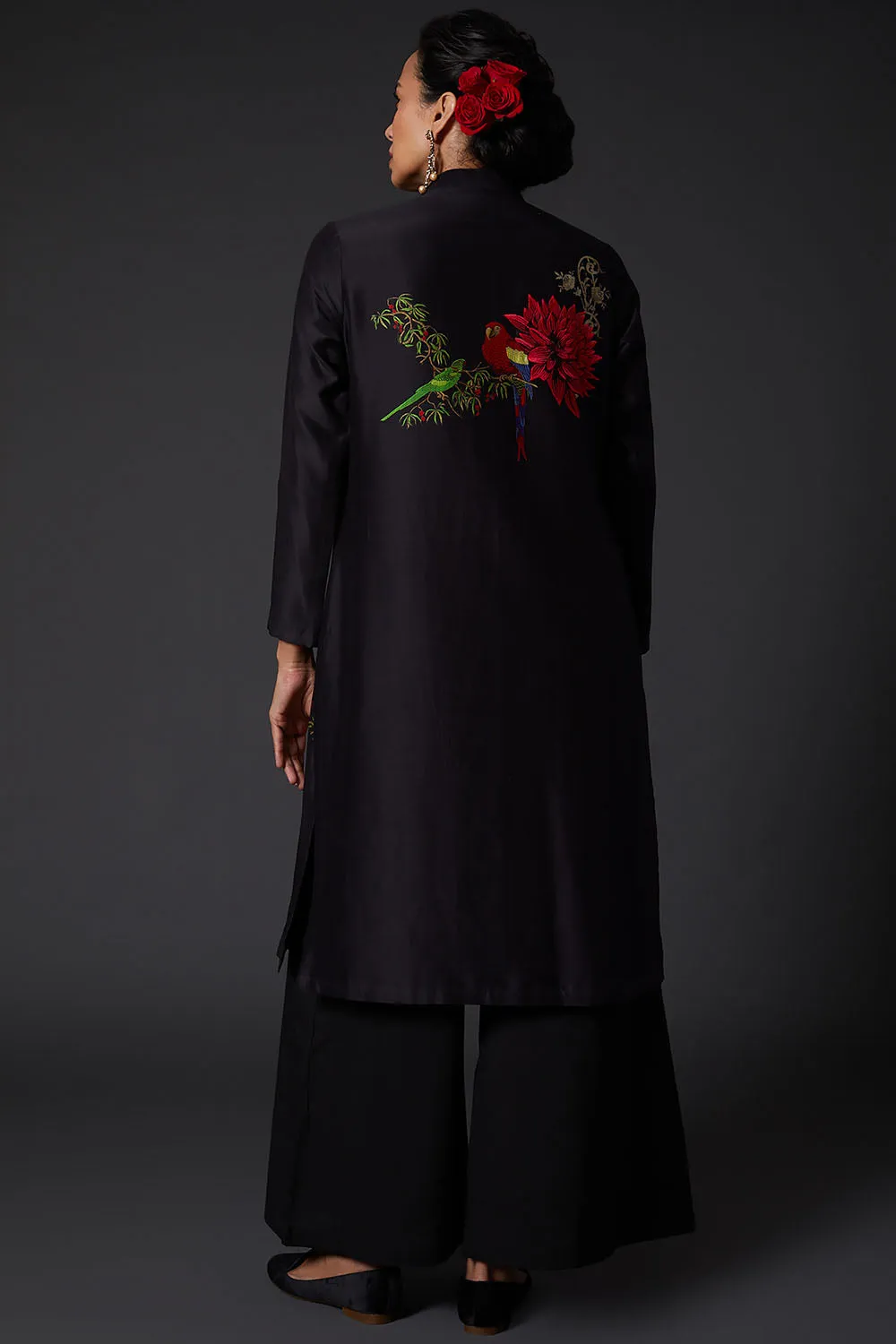 Black Printed & Embroidered Chanderi Silk Kurta Set