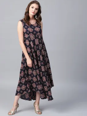 Black printed sleeveless cotton flared maxi dress