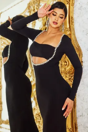 Black Rhinestone Trim Front Mermaid Maxi Dress