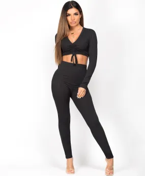 Black Ribbed Tie Front Crop Top Loungewear Set