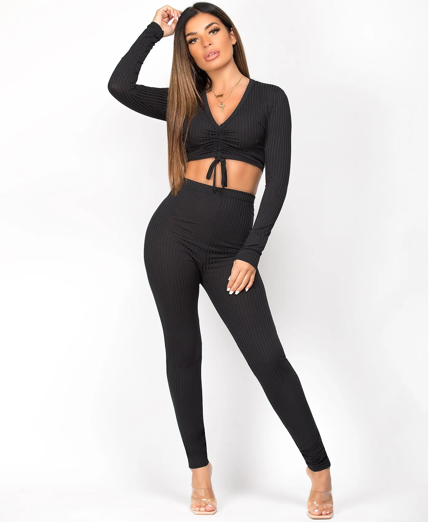 Black Ribbed Tie Front Crop Top Loungewear Set