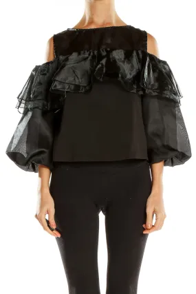 Black Ruffled Cold-Shoulder Polyester Top