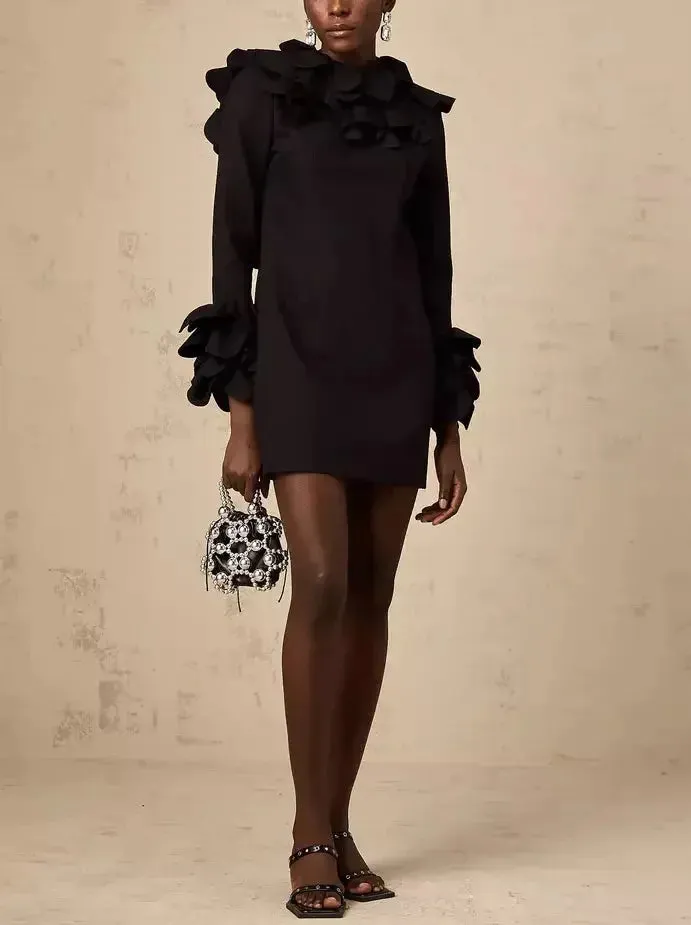 Black Ruffled Open-Back Mini Dress