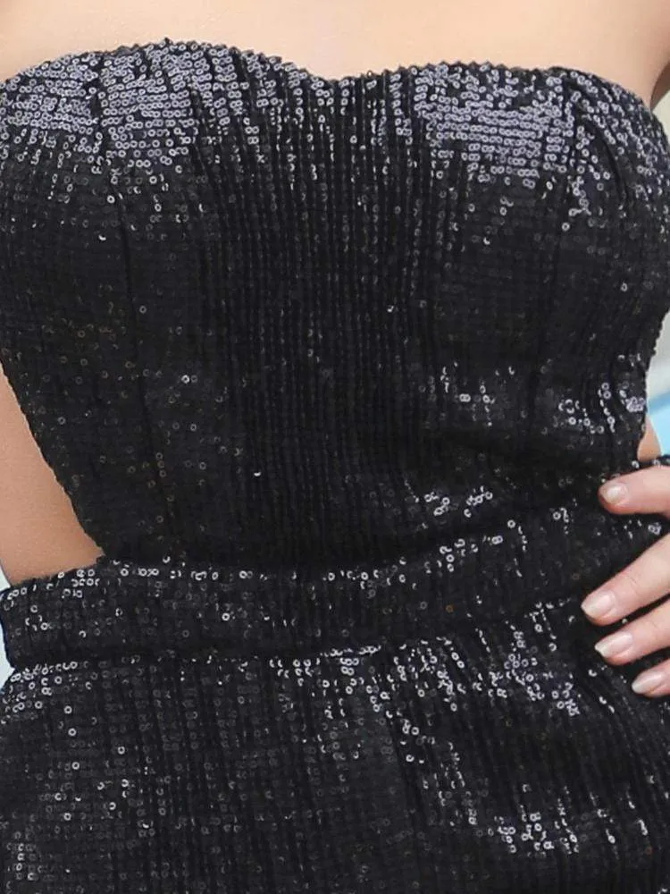 Black Sequin Strapless Party Jumpsuit