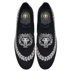 Black Slip-On Shoes with Hand Zardosi Silver Lion Stem Design