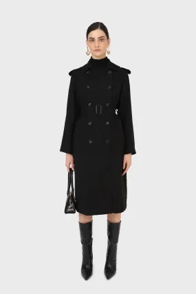 Black soft double breasted belted trench coat