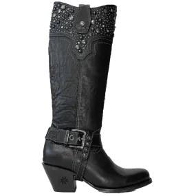Black Star Ladies Levelland Studded Black Tall Western Boots WBRO001
