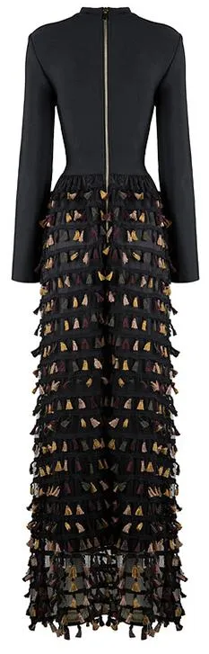 Black Stretch Bodycon Tassel-Embellished Gown