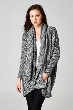 Black Striated Knit Open Front Cardigan Sweater