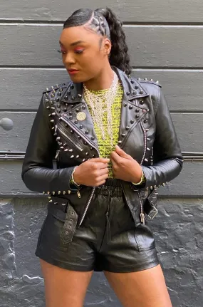Black Studded Womens Lambskin Motorcycle Jacket, Size M