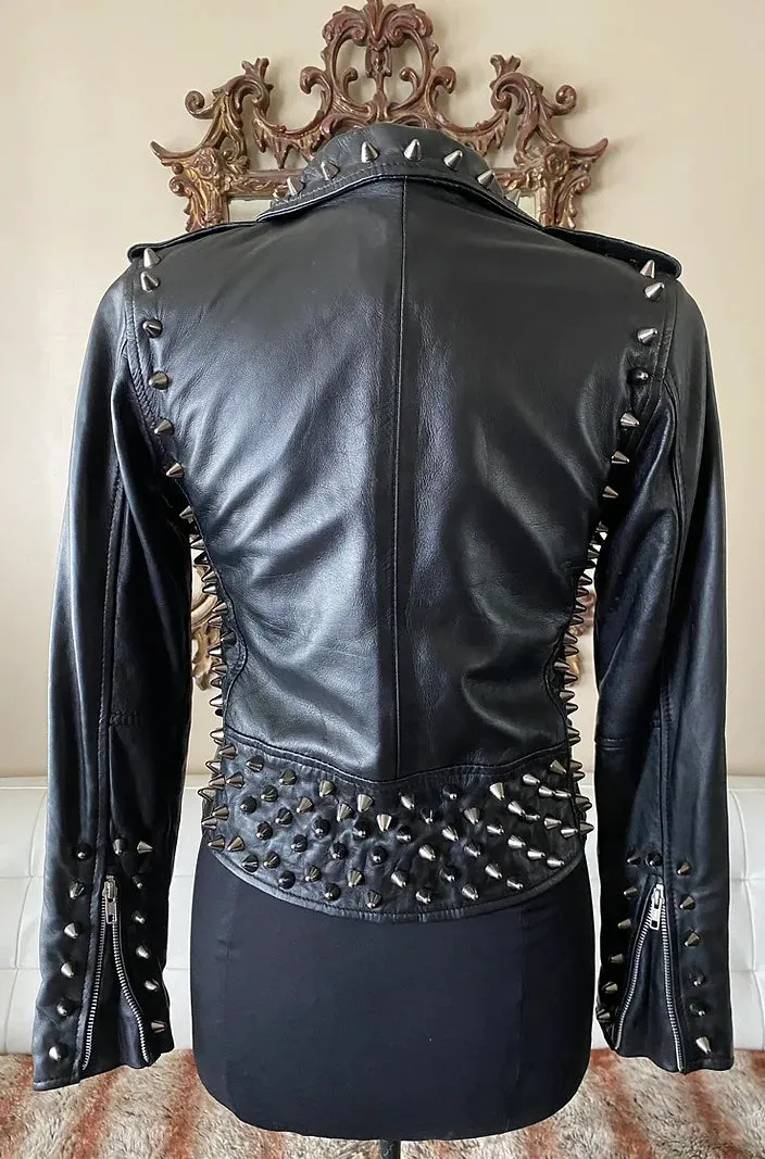 Black Studded Womens Lambskin Motorcycle Jacket, Size M
