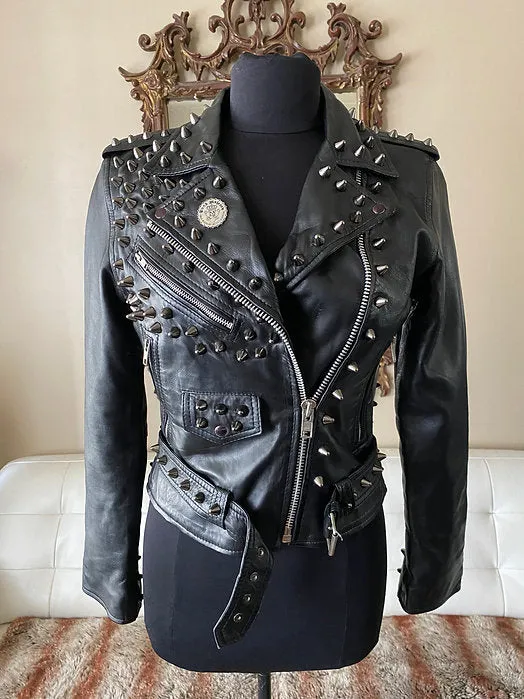Black Studded Womens Lambskin Motorcycle Jacket, Size M