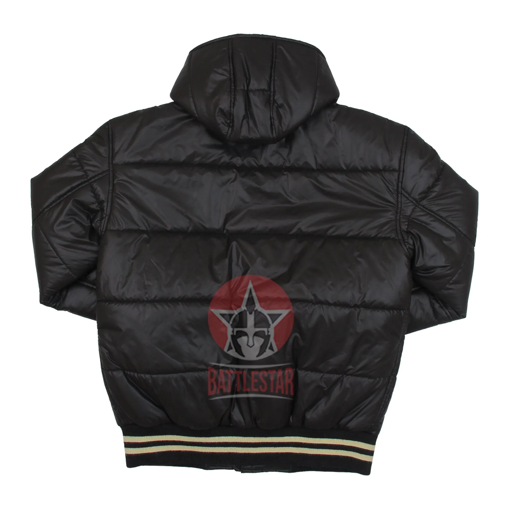 Black Unisex Lightweight Hooded Puffer Varsity Baseball Jacket