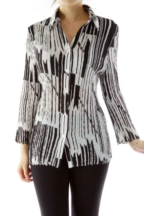 Black White Elastic Geometric Textured Blouse