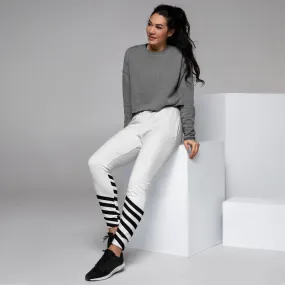 Black White Striped Women's Joggers, Diagonal Stripes Casual Sweatpants-Made in EU