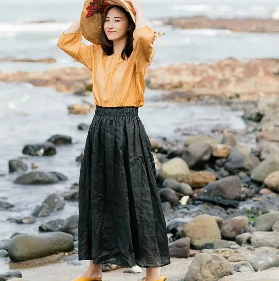 Black Women's Skirts Summer Linen Skirt Elastic Waist