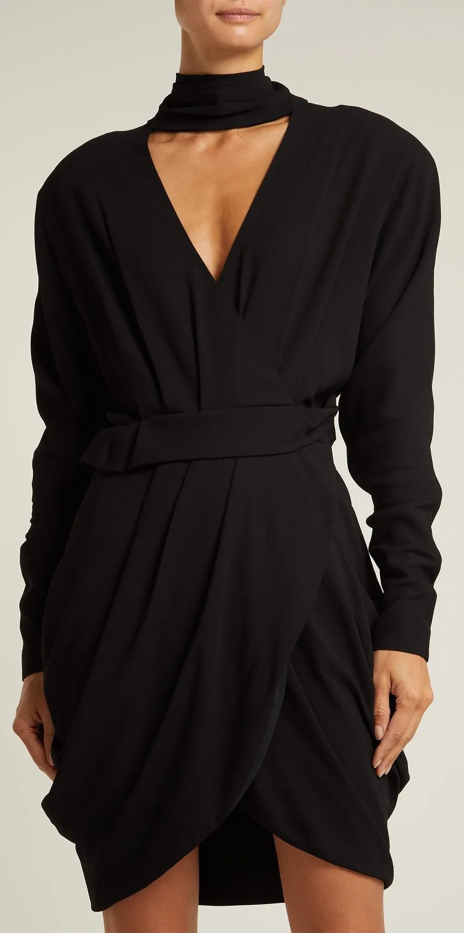 Black Wrap-Front Stretch-Crepe Mini Dress