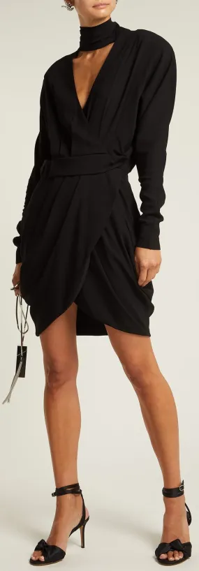 Black Wrap-Front Stretch-Crepe Mini Dress