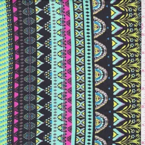 Black/Seafoam/Pink Deco Stripe Rayon Challis Fabric