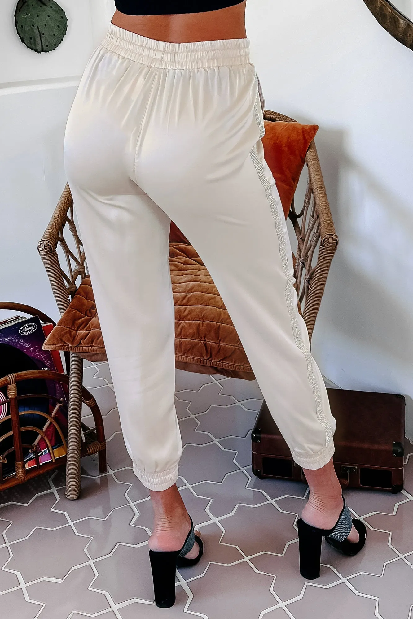Bling It On Satin Rhinestone Trim Joggers (Beige)
